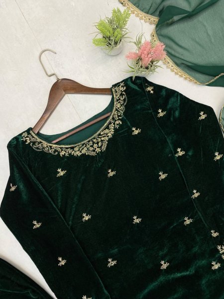 Solid Green Heavy Sequence  Embroidered Kurti Pant Set with Lace Border Georgette Dupatta Perfect for Party Nights  Straight Cut Long Kurtis