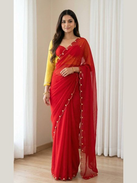 Solid Red Georgette Bollywood-Style Saree Embroidered Border And bright Yellow Blouse Sarees 
