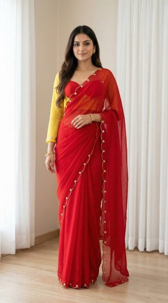 Solid Red Georgette Bollywood-Style Saree Embroidered Border And bright Yellow Blouse Designer Wedding Sarees Wholesale