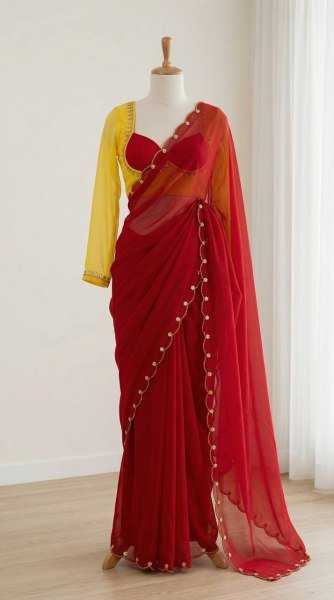 Solid Red Georgette Bollywood-Style Saree Embroidered Border And bright Yellow Blouse Designer Wedding Sarees Wholesale