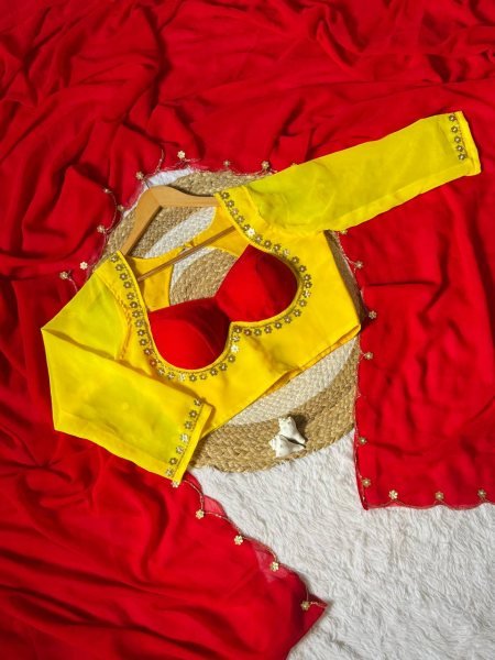Solid Red Georgette Bollywood-Style Saree Embroidered Border And bright Yellow Blouse Designer Wedding Sarees Wholesale