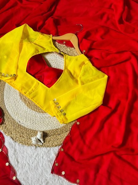 Solid Red Georgette Bollywood-Style Saree Embroidered Border And bright Yellow Blouse Designer Wedding Sarees Wholesale