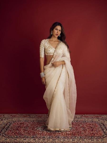 Sonam Bajwa White Color Soft Georgette Saree with Original Hand Charkhi Gotta Patti Work And Fully Stitched Blouse Bollywood Fancy Sarees Wholesale