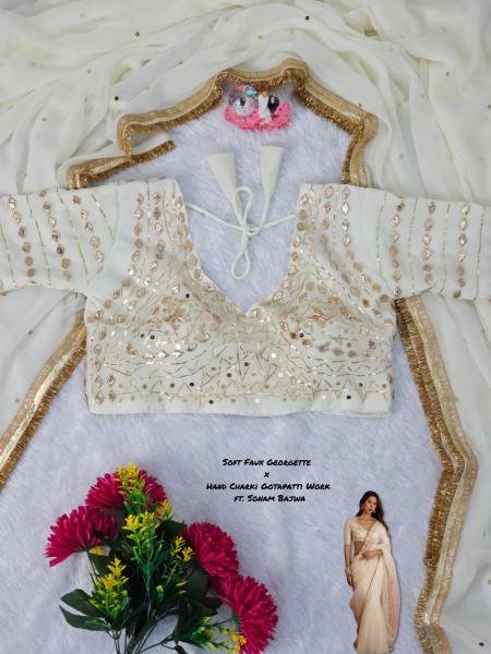 Sonam Bajwa White Color Soft Georgette Saree with Original Hand Charkhi Gotta Patti Work And Fully Stitched Blouse Bollywood Fancy Sarees Wholesale