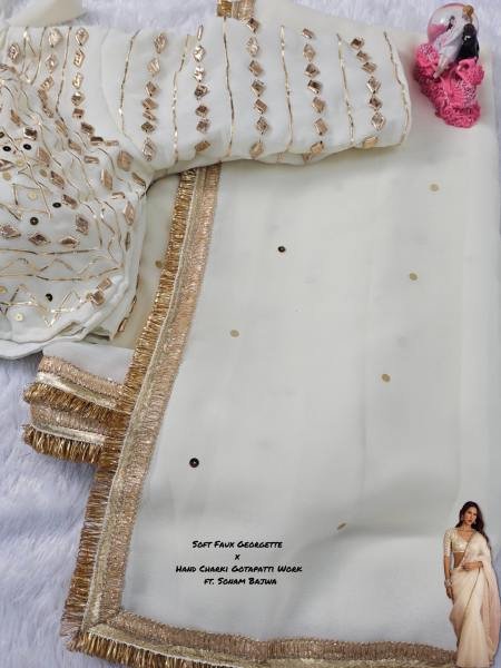 Sonam Bajwa White Color Soft Georgette Saree with Original Hand Charkhi Gotta Patti Work And Fully Stitched Blouse Bollywood Fancy Sarees Wholesale