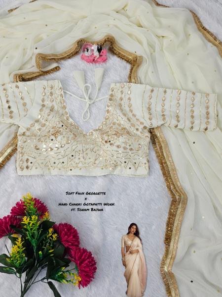 Sonam Bajwa White Color Soft Georgette Saree with Original Hand Charkhi Gotta Patti Work And Fully Stitched Blouse Bollywood Fancy Sarees Wholesale