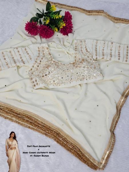 Sonam Bajwa White Color Soft Georgette Saree with Original Hand Charkhi Gotta Patti Work And Fully Stitched Blouse Bollywood Fancy Sarees Wholesale