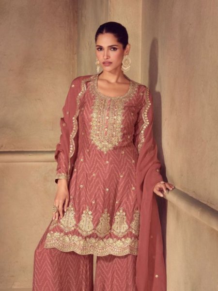Sonika By Gulkayra Rich Rust Chinon Palazzo Suit For Wedding Wear Designer Plazzo Salwar Suits Wholesale