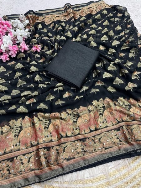 Sophisticated Black Designer Massmeelo Brrosso Saree with Original Mirror Embroidery Sarees 