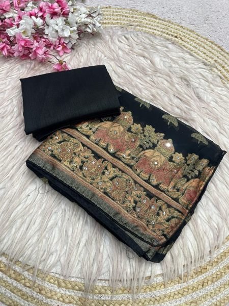 Sophisticated Black Designer Massmeelo Brrosso Saree with Original Mirror Embroidery Designer Wedding Sarees Wholesale