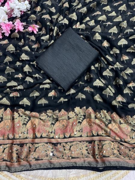 Sophisticated Black Designer Massmeelo Brrosso Saree with Original Mirror Embroidery Designer Wedding Sarees Wholesale