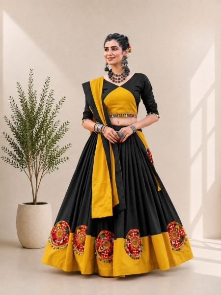 Sophisticated Black Designer Pure Cotton Pink Chaniya Choli with Gamthi Butta and Mirror Work  Lehenga