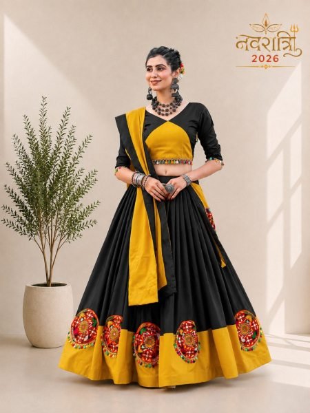 Sophisticated Black Designer Pure Cotton Pink Chaniya Choli with Gamthi Butta and Mirror Work Navratri Lehnega Choli