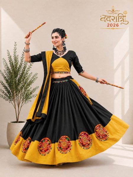 Sophisticated Black Designer Pure Cotton Pink Chaniya Choli with Gamthi Butta and Mirror Work Navratri Lehnega Choli