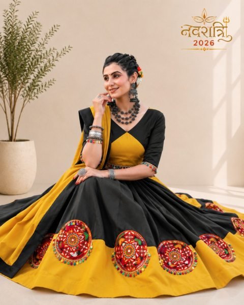 Sophisticated Black Designer Pure Cotton Pink Chaniya Choli with Gamthi Butta and Mirror Work Navratri Lehnega Choli