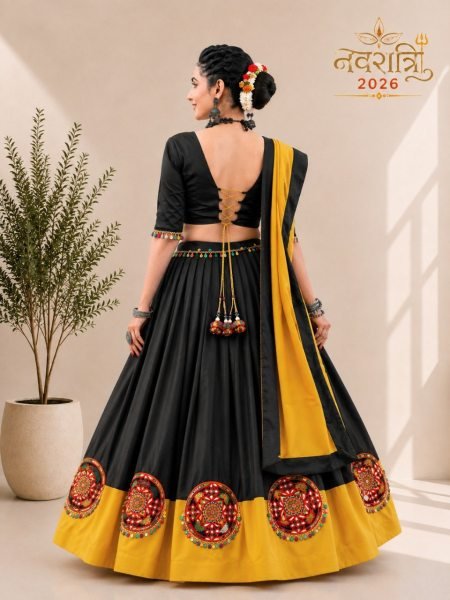 Sophisticated Black Designer Pure Cotton Pink Chaniya Choli with Gamthi Butta and Mirror Work Navratri Lehnega Choli