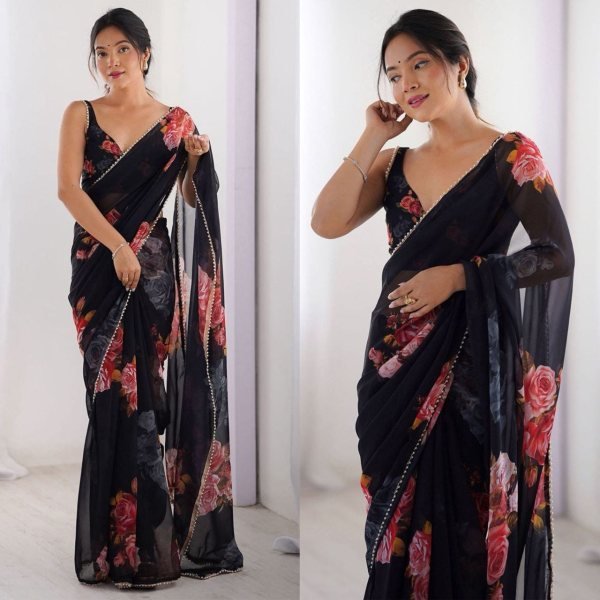 Sophisticated Black Festive Wear Soft Georgette Silk Saree with Stylish Ethnic Design Printed Cotton Sarees Wholesale