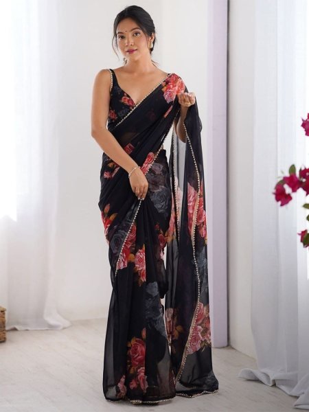 Sophisticated Black Festive Wear Soft Georgette Silk Saree with Stylish Ethnic Design Printed Cotton Sarees Wholesale