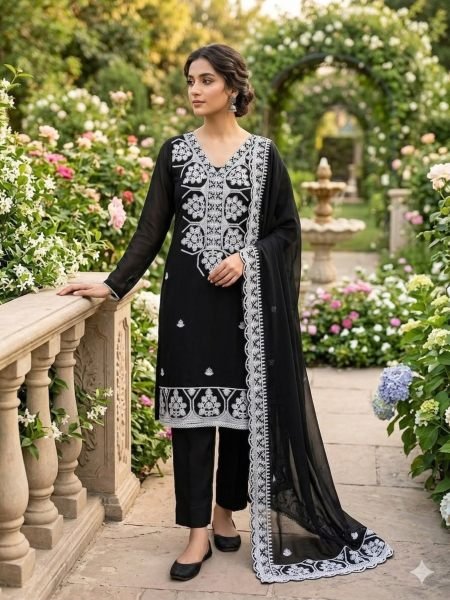 Sophisticated Black Georgette Aari Work Top Bottom Dupatta Set for Women 