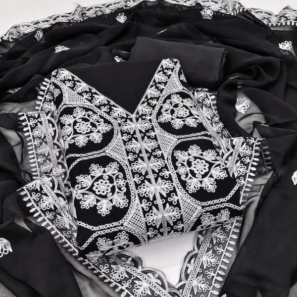 Sophisticated Black Georgette Aari Work Top Bottom Dupatta Set for Women Color Set Matching Dress Material Wholesale