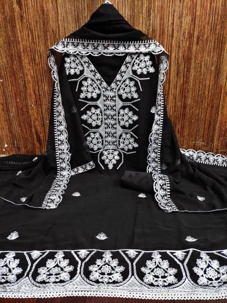 Sophisticated Black Georgette Aari Work Top Bottom Dupatta Set for Women Color Set Matching Dress Material Wholesale