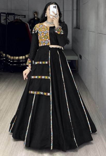 Sophisticated Black Pure Rayon Cotton Party Wear Lehenga Choli with Lace Kali Design Navratri Lehnega Choli