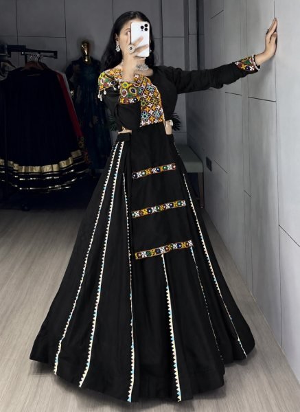 Sophisticated Black Pure Rayon Cotton Party Wear Lehenga Choli with Lace Kali Design Navratri Lehnega Choli