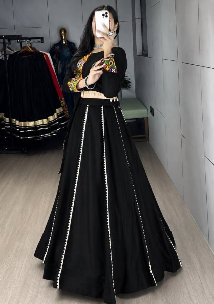 Sophisticated Black Pure Rayon Cotton Party Wear Lehenga Choli with Lace Kali Design Navratri Lehnega Choli
