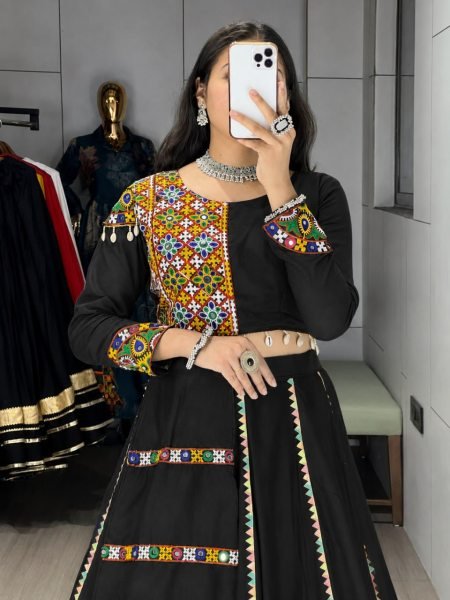 Sophisticated Black Pure Rayon Cotton Party Wear Lehenga Choli with Lace Kali Design Navratri Lehnega Choli