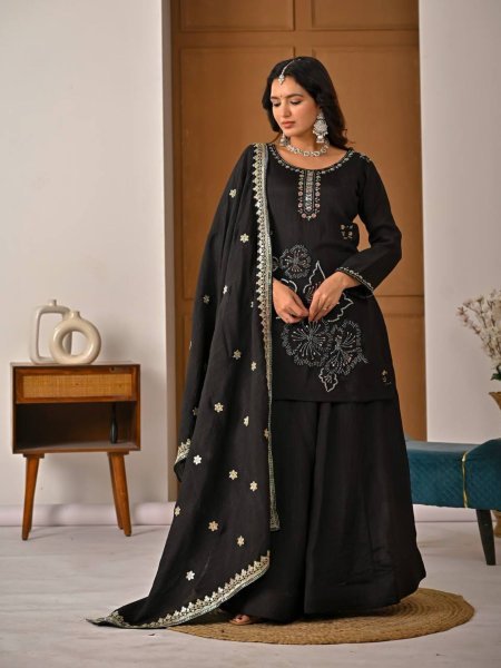 Sophisticated Black Vichitra Silk Sharara Suit with Bits Hand Work and Sequence Embroidery Ready To Wear Suit