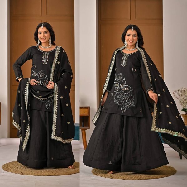 Sophisticated Black Vichitra Silk Sharara Suit with Bits Hand Work and Sequence Embroidery Ready To Wear Collection