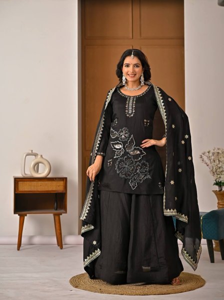 Sophisticated Black Vichitra Silk Sharara Suit with Bits Hand Work and Sequence Embroidery Ready To Wear Collection