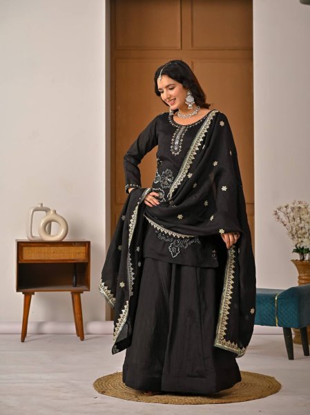 Sophisticated Black Vichitra Silk Sharara Suit with Bits Hand Work and Sequence Embroidery Ready To Wear Collection