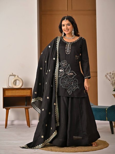 Sophisticated Black Vichitra Silk Sharara Suit with Bits Hand Work and Sequence Embroidery Ready To Wear Collection