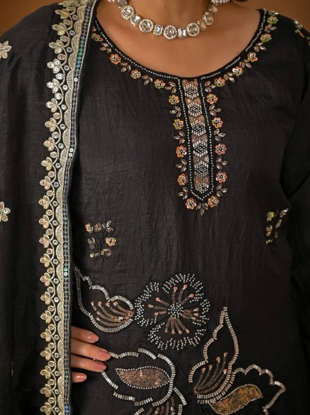 Sophisticated Black Vichitra Silk Sharara Suit with Bits Hand Work and Sequence Embroidery Ready To Wear Collection