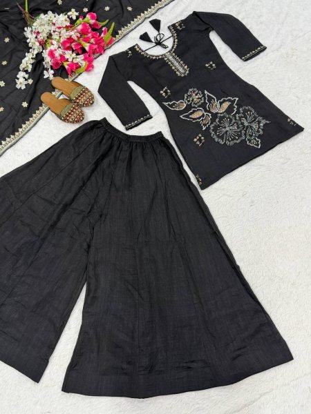 Sophisticated Black Vichitra Silk Sharara Suit with Bits Hand Work and Sequence Embroidery Ready To Wear Collection
