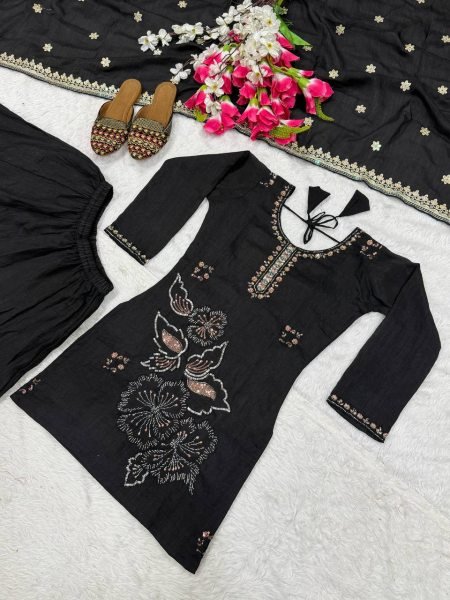 Sophisticated Black Vichitra Silk Sharara Suit with Bits Hand Work and Sequence Embroidery Ready To Wear Collection