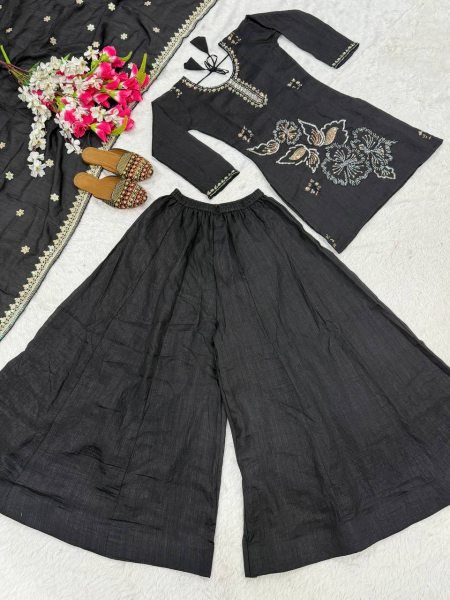 Sophisticated Black Vichitra Silk Sharara Suit with Bits Hand Work and Sequence Embroidery Ready To Wear Collection