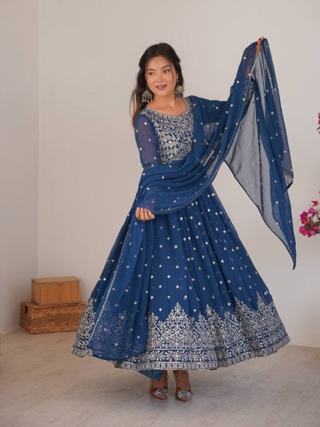 Sophisticated Blue Anarkali Suits With Cotton Pant And Thread Work Dupatta For Retailer Discount Ready To Wear Suit