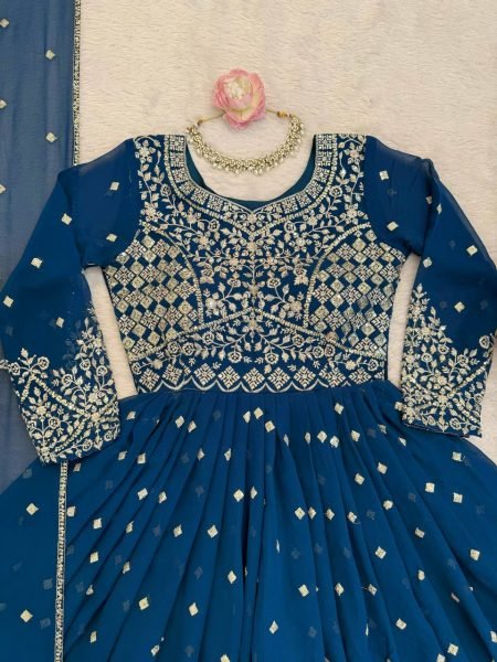 Sophisticated Blue Anarkali Suits With Cotton Pant And Thread Work Dupatta For Retailer Discount Ready To Wear Collection