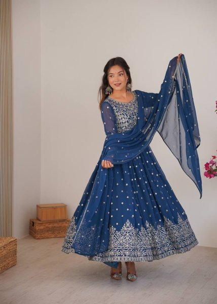Sophisticated Blue Anarkali Suits With Cotton Pant And Thread Work Dupatta For Retailer Discount Ready To Wear Collection