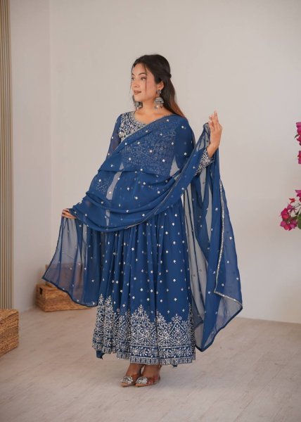 Sophisticated Blue Anarkali Suits With Cotton Pant And Thread Work Dupatta For Retailer Discount Ready To Wear Collection