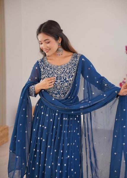 Sophisticated Blue Anarkali Suits With Cotton Pant And Thread Work Dupatta For Retailer Discount Ready To Wear Collection