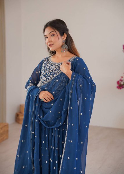 Sophisticated Blue Anarkali Suits With Cotton Pant And Thread Work Dupatta For Retailer Discount Ready To Wear Collection