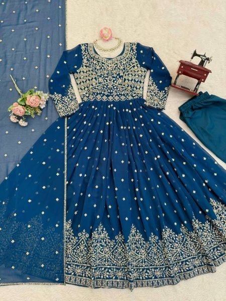 Sophisticated Blue Anarkali Suits With Cotton Pant And Thread Work Dupatta For Retailer Discount Ready To Wear Collection