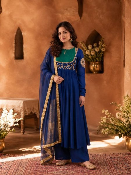 Sophisticated Blue Designer Mull Chanderi Anarkali Suit with Embroidery Work at Wholesale Rate Ready To Wear Collection