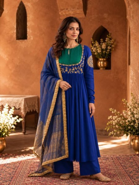 Sophisticated Blue Designer Mull Chanderi Anarkali Suit with Embroidery Work at Wholesale Rate Ready To Wear Collection