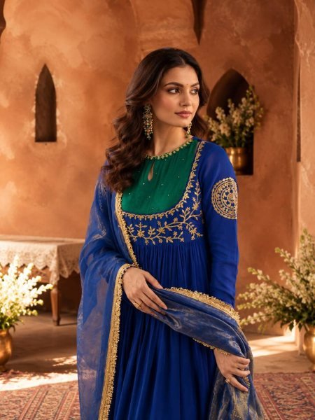 Sophisticated Blue Designer Mull Chanderi Anarkali Suit with Embroidery Work at Wholesale Rate Ready To Wear Collection