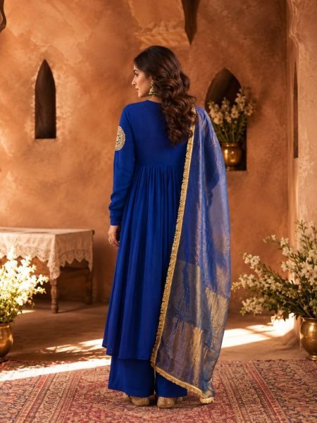 Sophisticated Blue Designer Mull Chanderi Anarkali Suit with Embroidery Work at Wholesale Rate Ready To Wear Collection