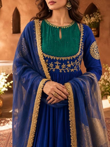 Sophisticated Blue Designer Mull Chanderi Anarkali Suit with Embroidery Work at Wholesale Rate Ready To Wear Collection